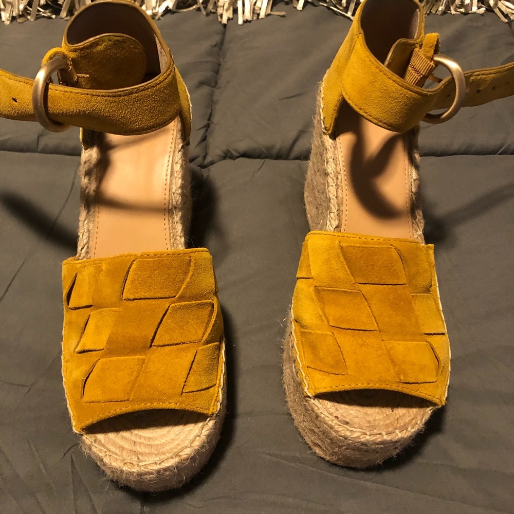 Marc Fisher mustard yellow wedge sandals